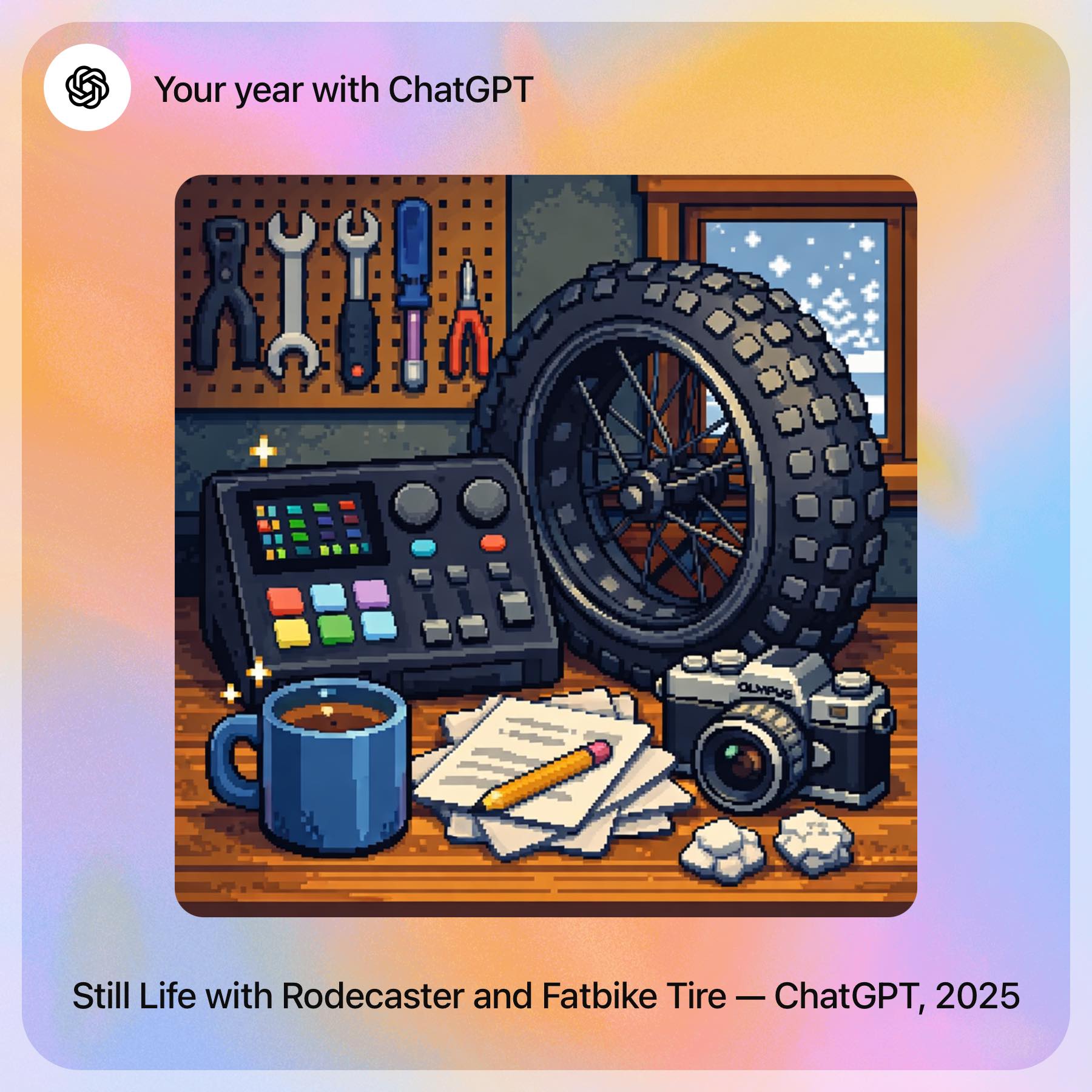Based on Chats I’ve had this year this is what ChatGPT thinks my desk / Wrokbench looks like.